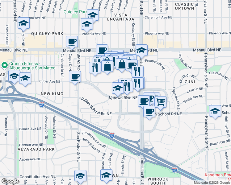 map of restaurants, bars, coffee shops, grocery stores, and more near 6401 Uptown Boulevard Northeast in Albuquerque