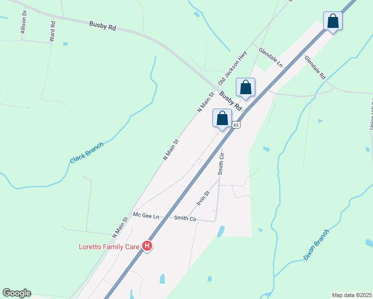 map of restaurants, bars, coffee shops, grocery stores, and more near 897 N Main St in Loretto