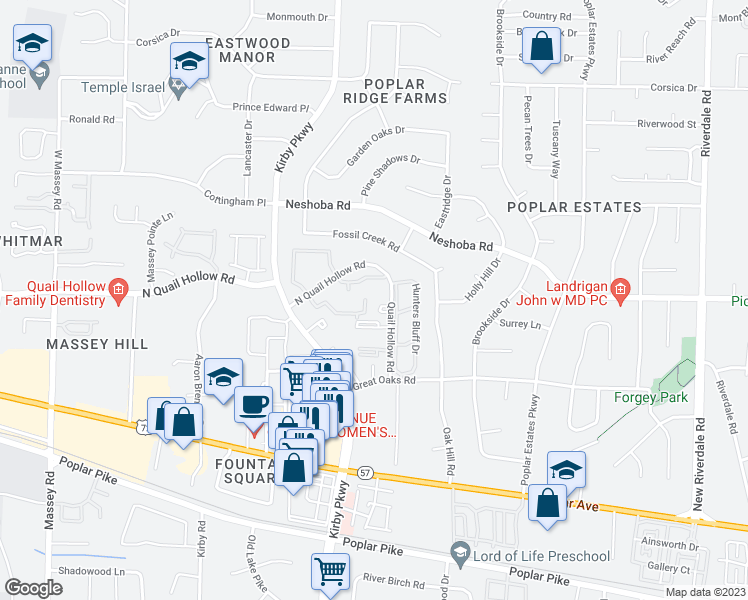 map of restaurants, bars, coffee shops, grocery stores, and more near 6760 Meadow Oak Place in Memphis