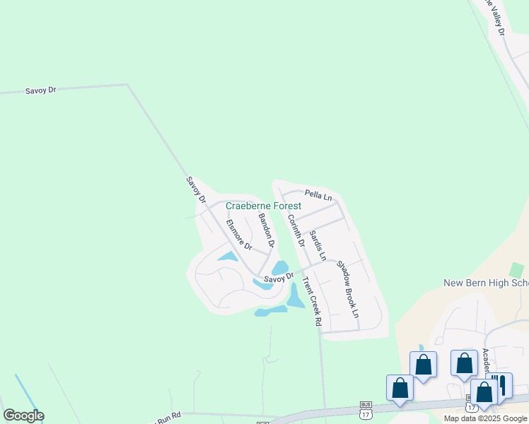 map of restaurants, bars, coffee shops, grocery stores, and more near 226 Bandon Drive in New Bern