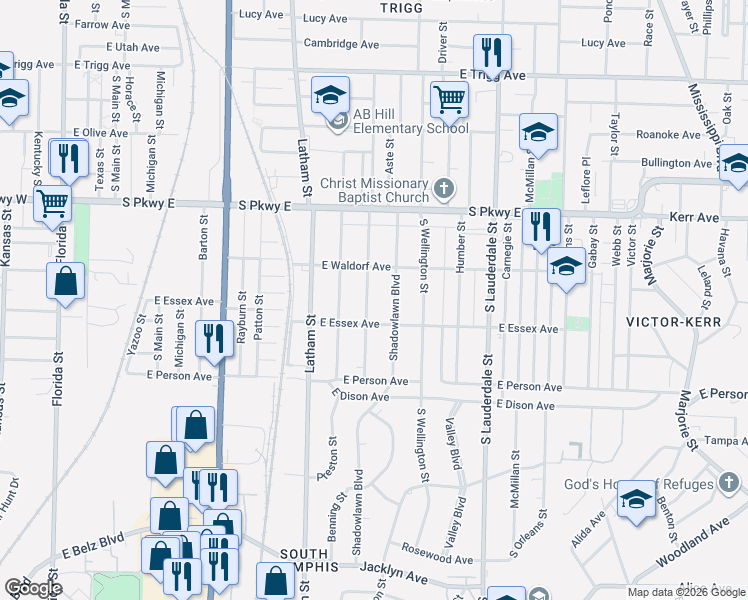 map of restaurants, bars, coffee shops, grocery stores, and more near 1561 Cameron Street in Memphis