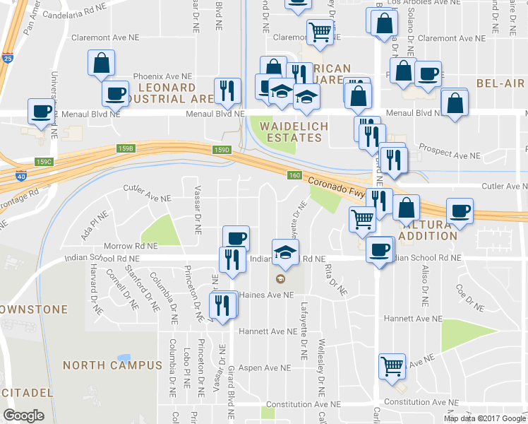 map of restaurants, bars, coffee shops, grocery stores, and more near 1748 Richmond Drive Northeast in Albuquerque