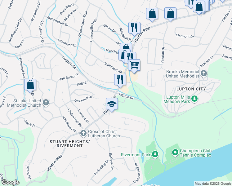 map of restaurants, bars, coffee shops, grocery stores, and more near 899 Lupton Drive in Chattanooga