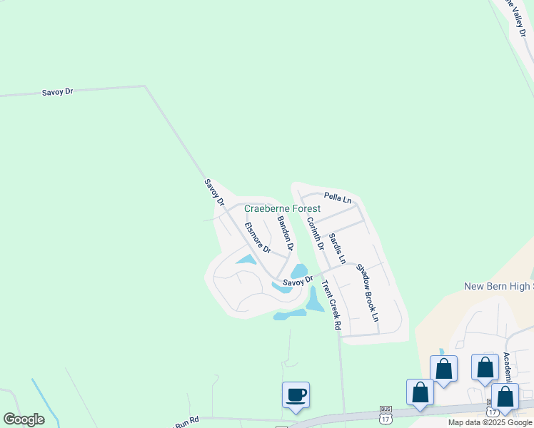 map of restaurants, bars, coffee shops, grocery stores, and more near 116 Westwood Court in New Bern