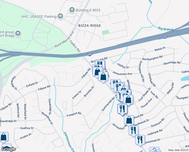 map of restaurants, bars, coffee shops, grocery stores, and more near 6467 Yadkin Road in Fayetteville