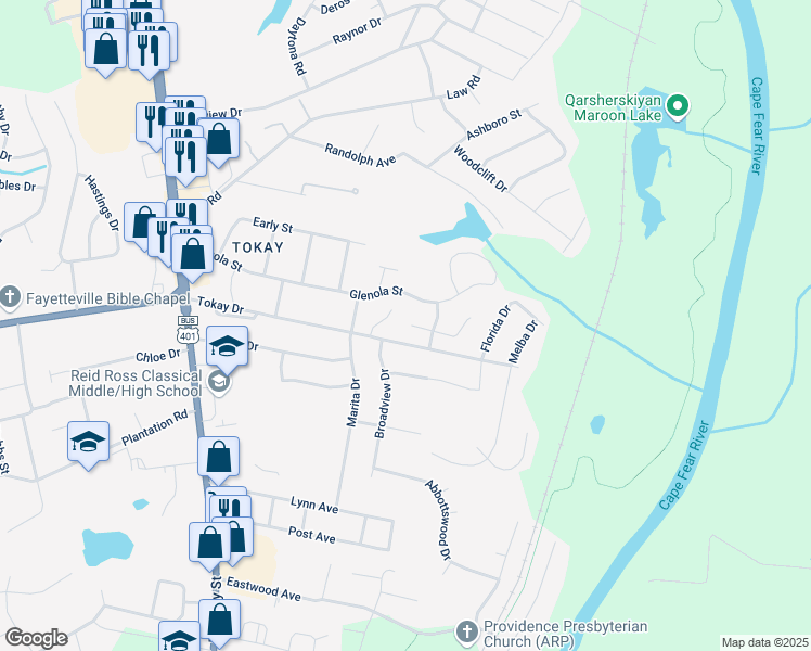 map of restaurants, bars, coffee shops, grocery stores, and more near 598 Sugaridge Lane in Fayetteville