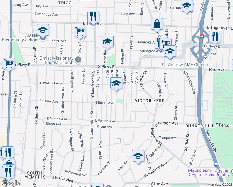 map of restaurants, bars, coffee shops, grocery stores, and more near 1566 South Orleans Street in Memphis