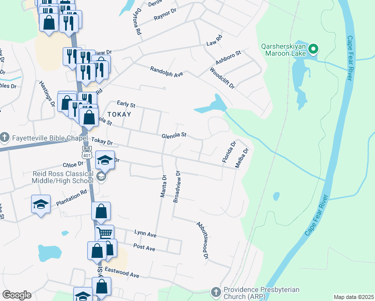 map of restaurants, bars, coffee shops, grocery stores, and more near 598 Sugaridge Lane in Fayetteville