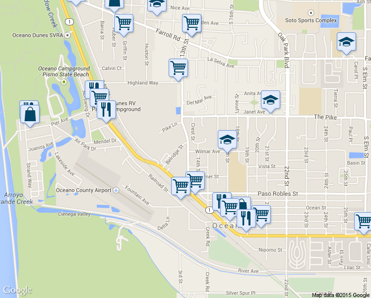 map of restaurants, bars, coffee shops, grocery stores, and more near 1270 Belridge Street in Oceano