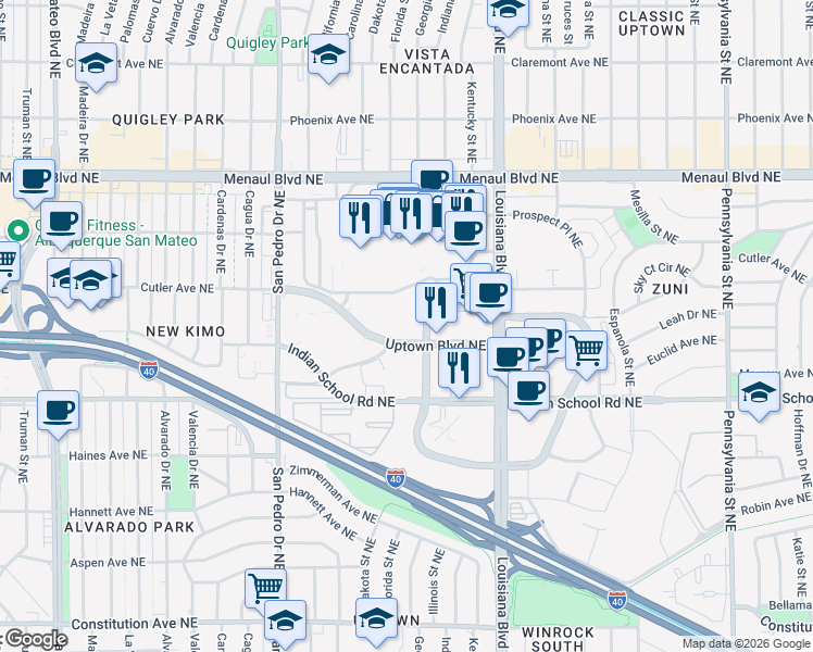 map of restaurants, bars, coffee shops, grocery stores, and more near 6401 Uptown Boulevard Northeast in Albuquerque