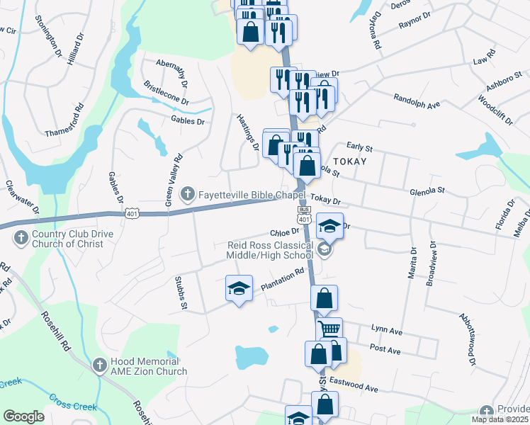 map of restaurants, bars, coffee shops, grocery stores, and more near 203 Country Club Drive in Fayetteville