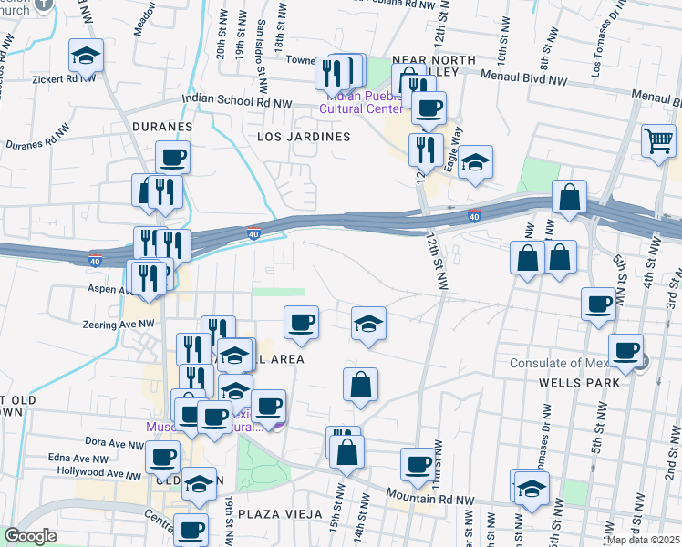 map of restaurants, bars, coffee shops, grocery stores, and more near 1701 Mill Pond Road in Albuquerque