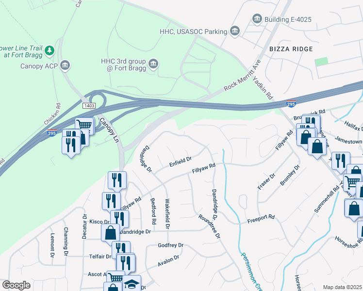 map of restaurants, bars, coffee shops, grocery stores, and more near 911 Romain Court in Fayetteville