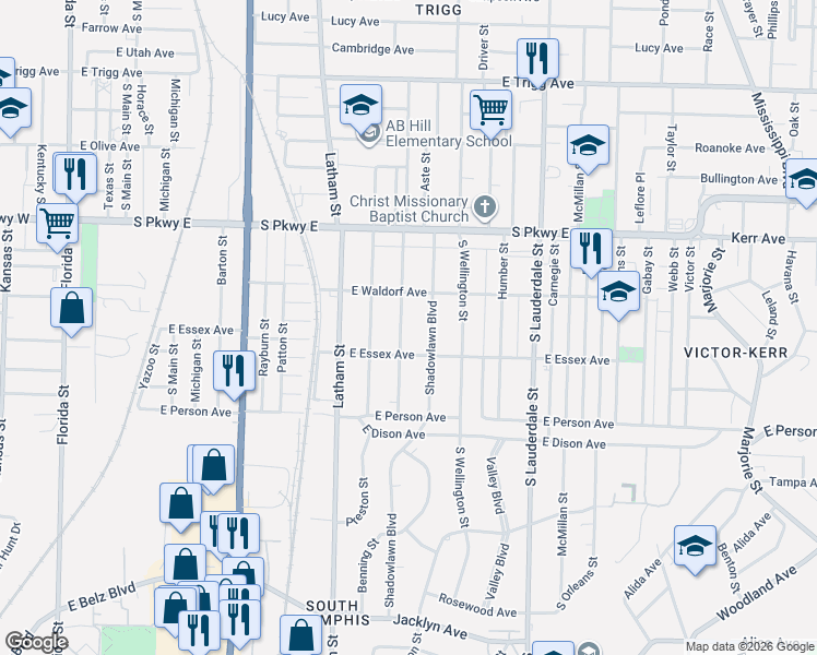 map of restaurants, bars, coffee shops, grocery stores, and more near 1561 Cameron Street in Memphis