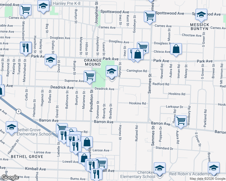 map of restaurants, bars, coffee shops, grocery stores, and more near 1006 Bradley Street in Memphis