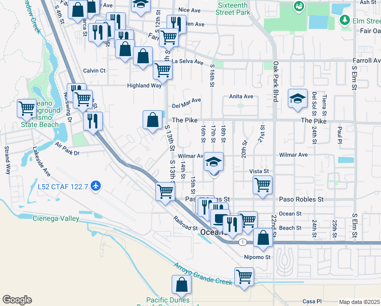 map of restaurants, bars, coffee shops, grocery stores, and more near 1475 Wilmar Avenue in Oceano