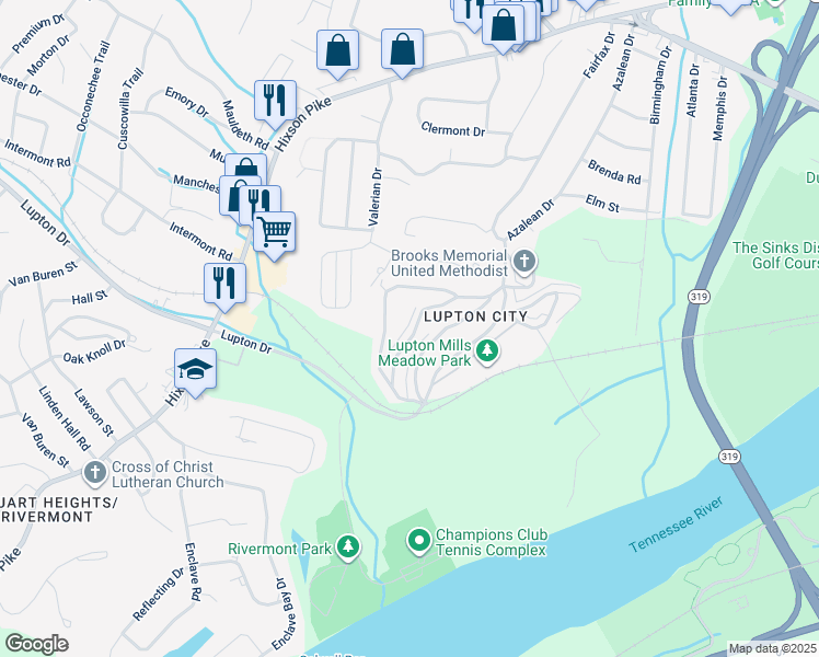 map of restaurants, bars, coffee shops, grocery stores, and more near 3523 Crompton Street in Chattanooga