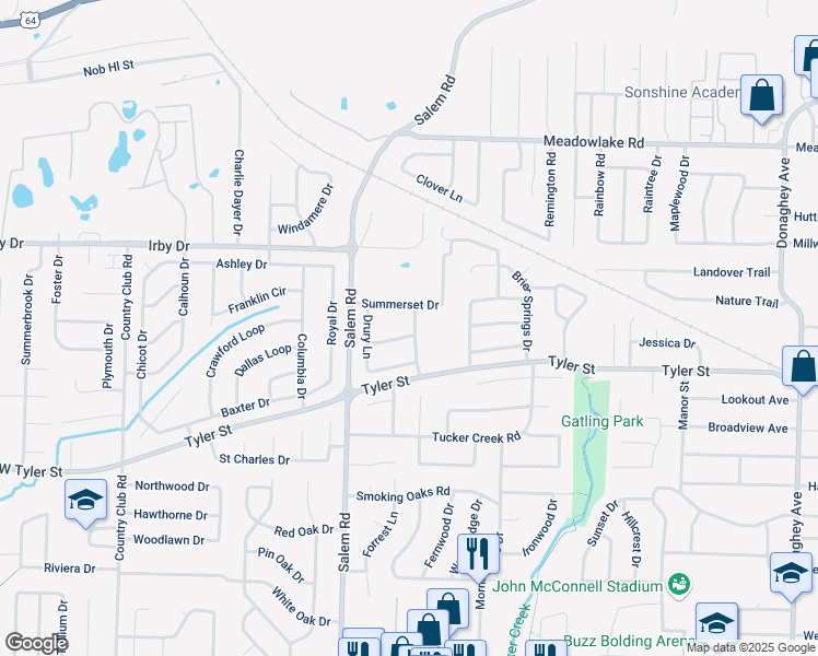 map of restaurants, bars, coffee shops, grocery stores, and more near 2820 Kent Lane in Conway