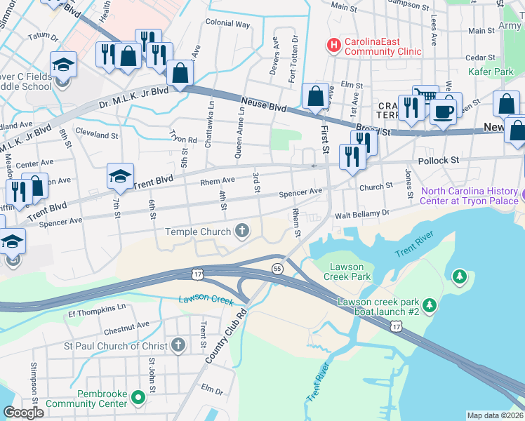 map of restaurants, bars, coffee shops, grocery stores, and more near 1501 Spencer Avenue in New Bern