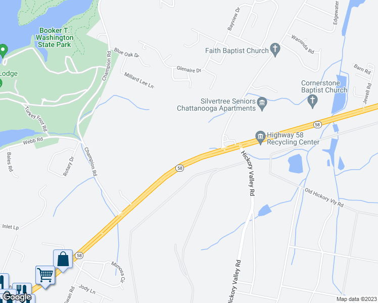 map of restaurants, bars, coffee shops, grocery stores, and more near 5315 Tennessee 58 in Chattanooga