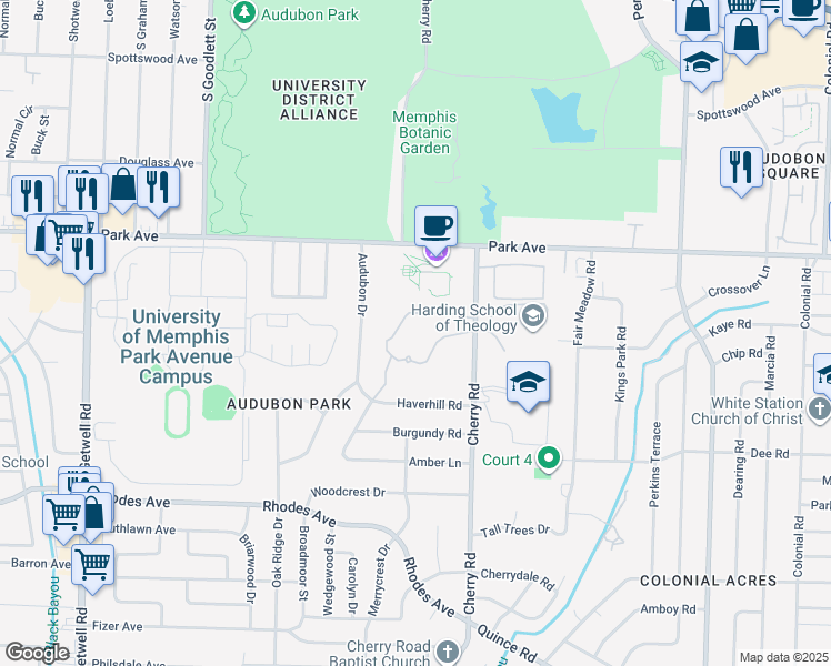 map of restaurants, bars, coffee shops, grocery stores, and more near 1023 Cherry Road in Memphis