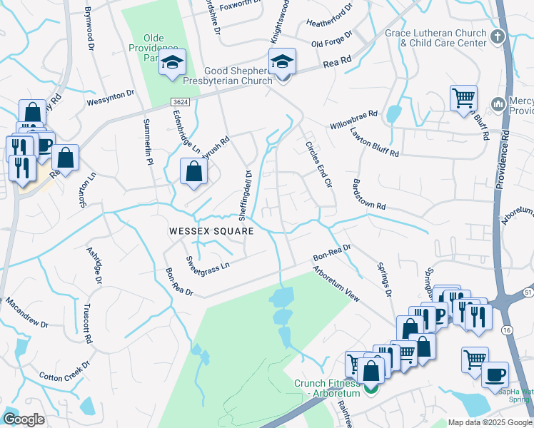 map of restaurants, bars, coffee shops, grocery stores, and more near 3409 Hilldale Way in Charlotte