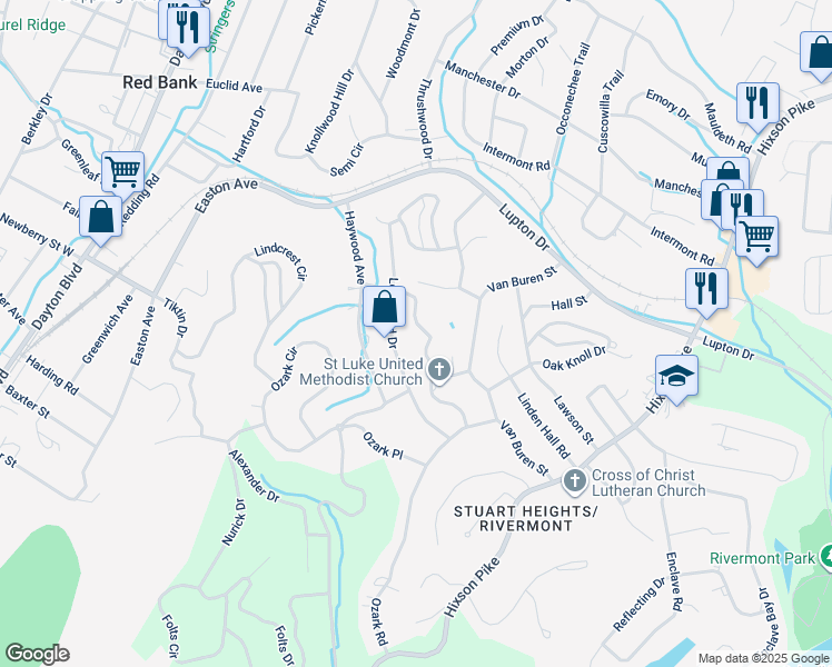 map of restaurants, bars, coffee shops, grocery stores, and more near 3225 Social Circle in Chattanooga