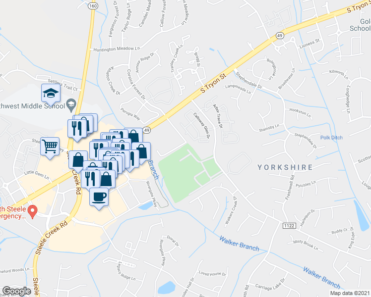 map of restaurants, bars, coffee shops, grocery stores, and more near 13512 Choate Circle in Charlotte