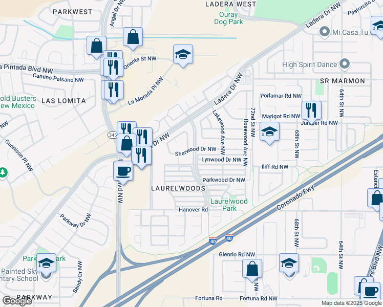 map of restaurants, bars, coffee shops, grocery stores, and more near 7632 Sherwood Drive Northwest in Albuquerque