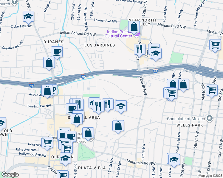 map of restaurants, bars, coffee shops, grocery stores, and more near 1701 Mill Pond Road in Albuquerque