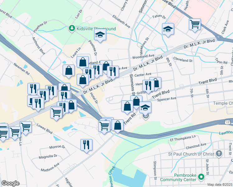 map of restaurants, bars, coffee shops, grocery stores, and more near 2402 Griffin Avenue in New Bern