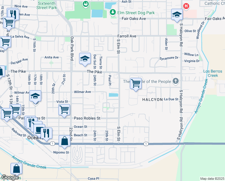 map of restaurants, bars, coffee shops, grocery stores, and more near 2558 Paul Pl in Arroyo Grande