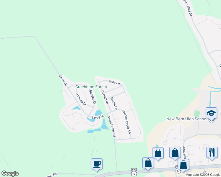 map of restaurants, bars, coffee shops, grocery stores, and more near 107 Sparta Way in New Bern