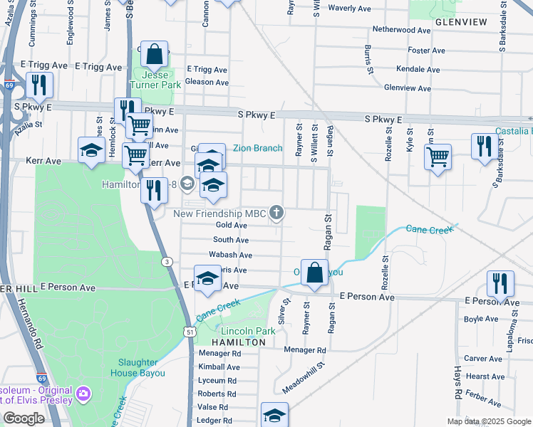 map of restaurants, bars, coffee shops, grocery stores, and more near 1473 Ethlyn Avenue in Memphis