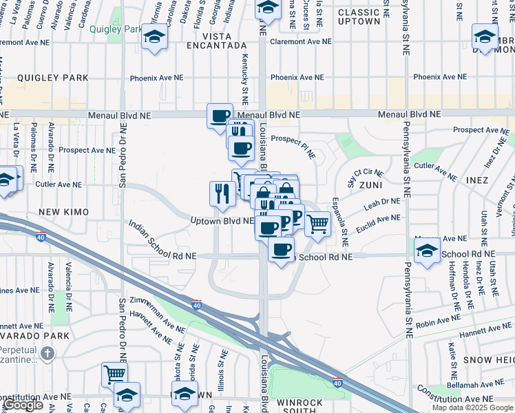 map of restaurants, bars, coffee shops, grocery stores, and more near 2201 Americas Parkway in Albuquerque