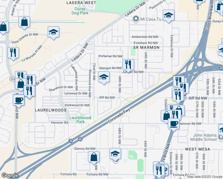 map of restaurants, bars, coffee shops, grocery stores, and more near 6904 Fresca Court Northwest in Albuquerque