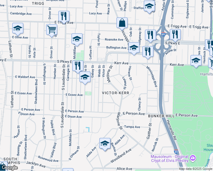 map of restaurants, bars, coffee shops, grocery stores, and more near 747 Orange Avenue in Memphis