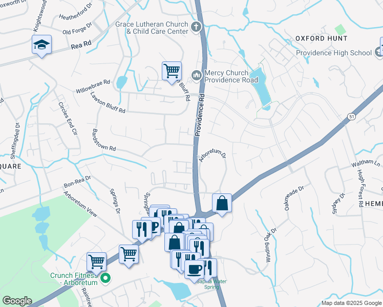 map of restaurants, bars, coffee shops, grocery stores, and more near 3007 Springs Farm Lane in Charlotte