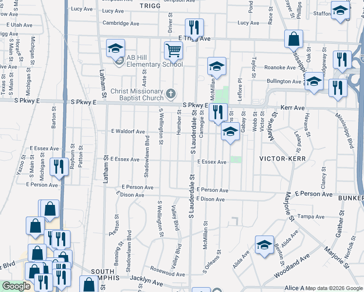 map of restaurants, bars, coffee shops, grocery stores, and more near 1560 Humber Street in Memphis