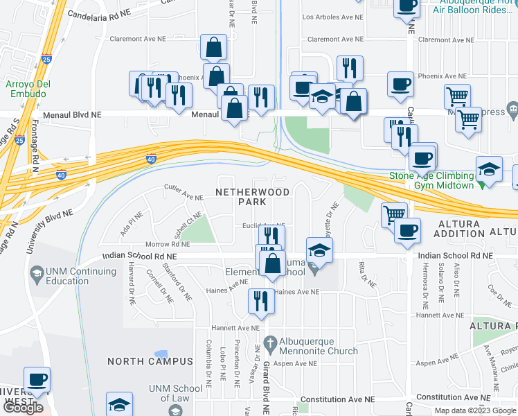 map of restaurants, bars, coffee shops, grocery stores, and more near 1813 Girard Boulevard Northeast in Albuquerque