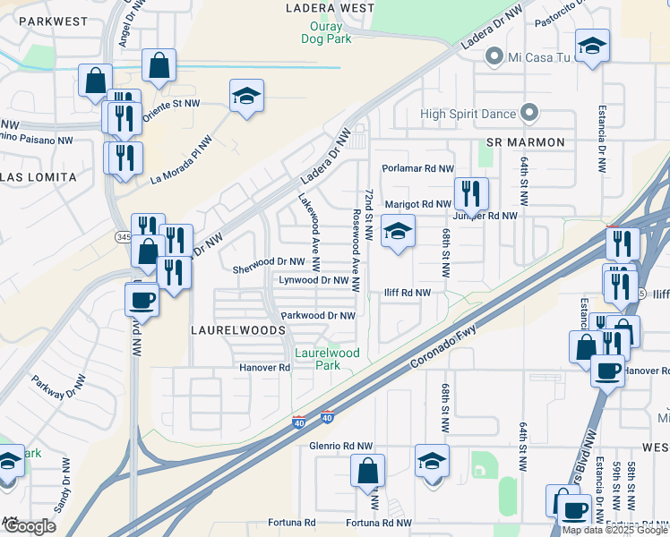 map of restaurants, bars, coffee shops, grocery stores, and more near 7400 Sherwood Drive Northwest in Albuquerque