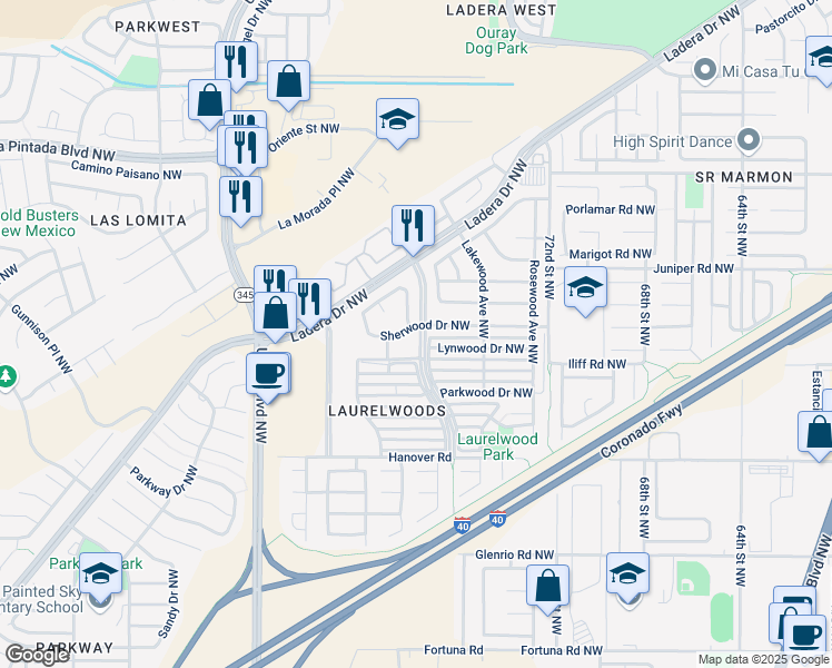 map of restaurants, bars, coffee shops, grocery stores, and more near 7632 Sherwood Drive Northwest in Albuquerque