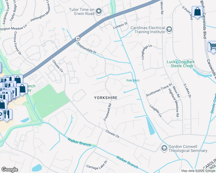 map of restaurants, bars, coffee shops, grocery stores, and more near 12025 Freshwell Road in Charlotte