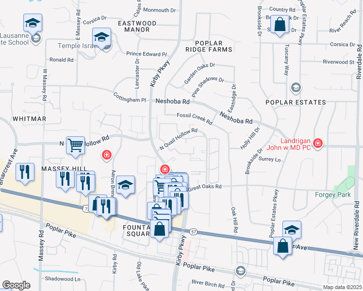 map of restaurants, bars, coffee shops, grocery stores, and more near 1710 Kirby Parkway in Memphis