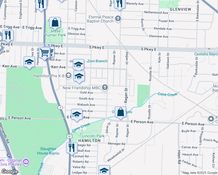 map of restaurants, bars, coffee shops, grocery stores, and more near 1532 Silver Street in Memphis