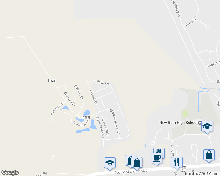 map of restaurants, bars, coffee shops, grocery stores, and more near 118 Sparta Way in New Bern