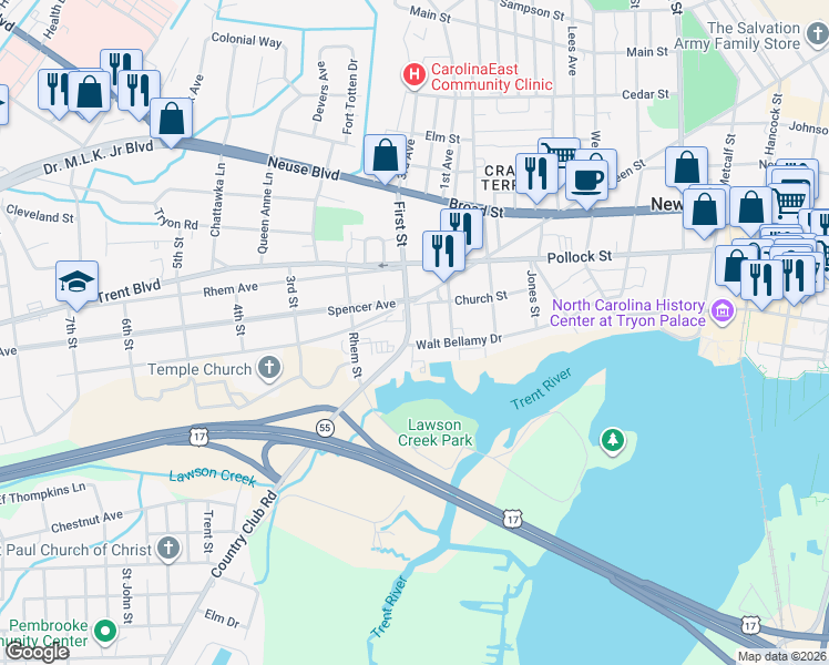 map of restaurants, bars, coffee shops, grocery stores, and more near 210 First Street in New Bern