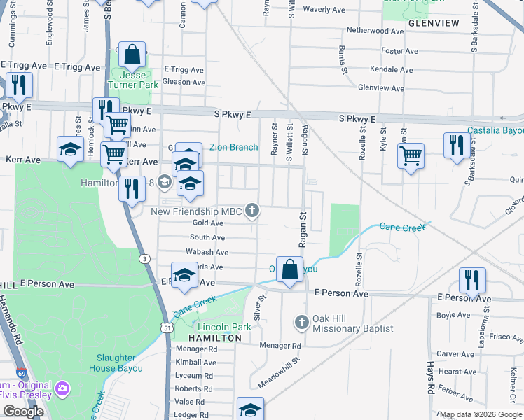 map of restaurants, bars, coffee shops, grocery stores, and more near 1532 Silver Street in Memphis