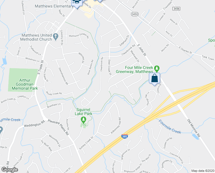 map of restaurants, bars, coffee shops, grocery stores, and more near 7515 Greylock Ridge Road in Matthews
