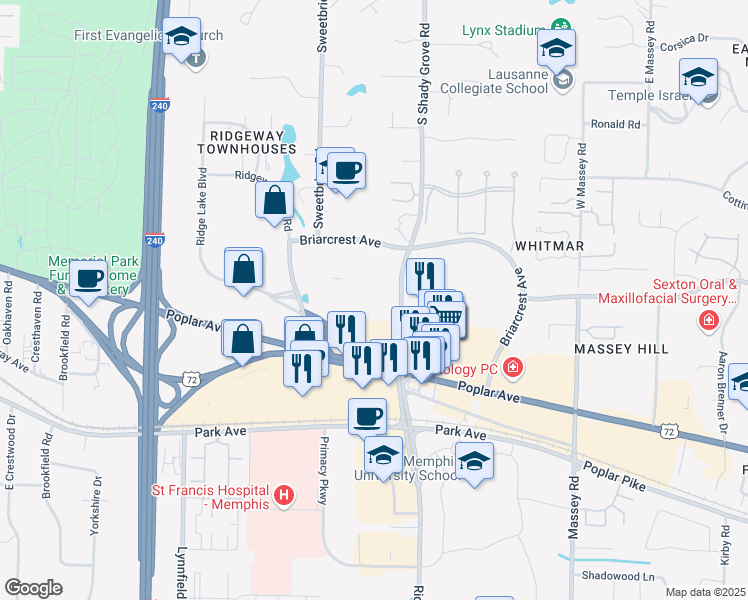 map of restaurants, bars, coffee shops, grocery stores, and more near 999 South Shady Grove Road in Memphis